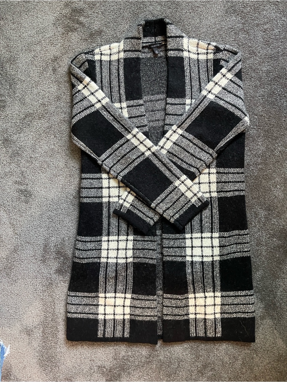 Talbots Black and Cream Plaid Open-Front Cardigan